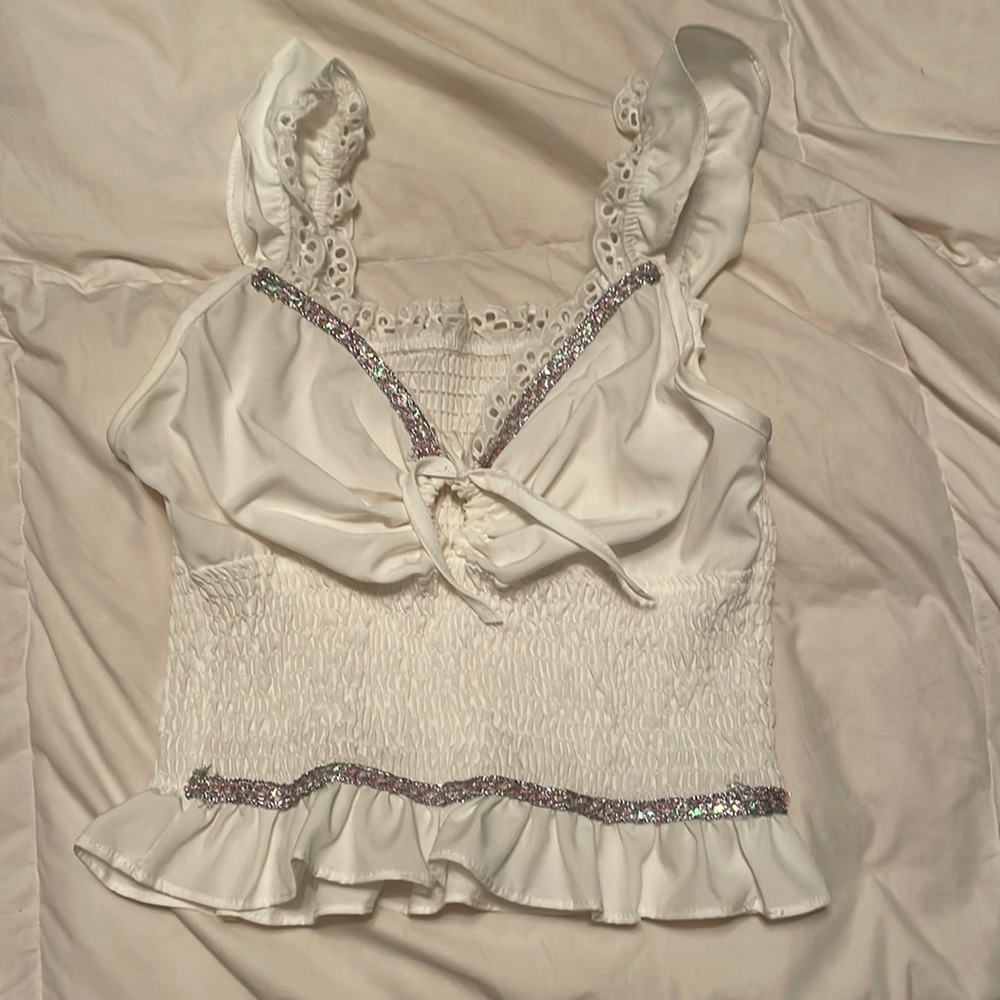 Amazon white bedazzled tank top with floral style